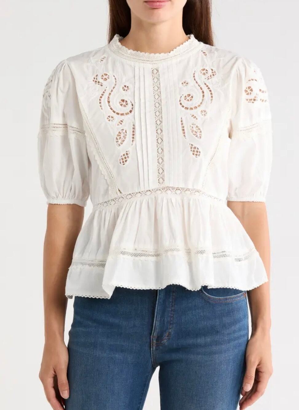 MAX STUDIO White Embroidered Cotton Peplum Top, Large NWT